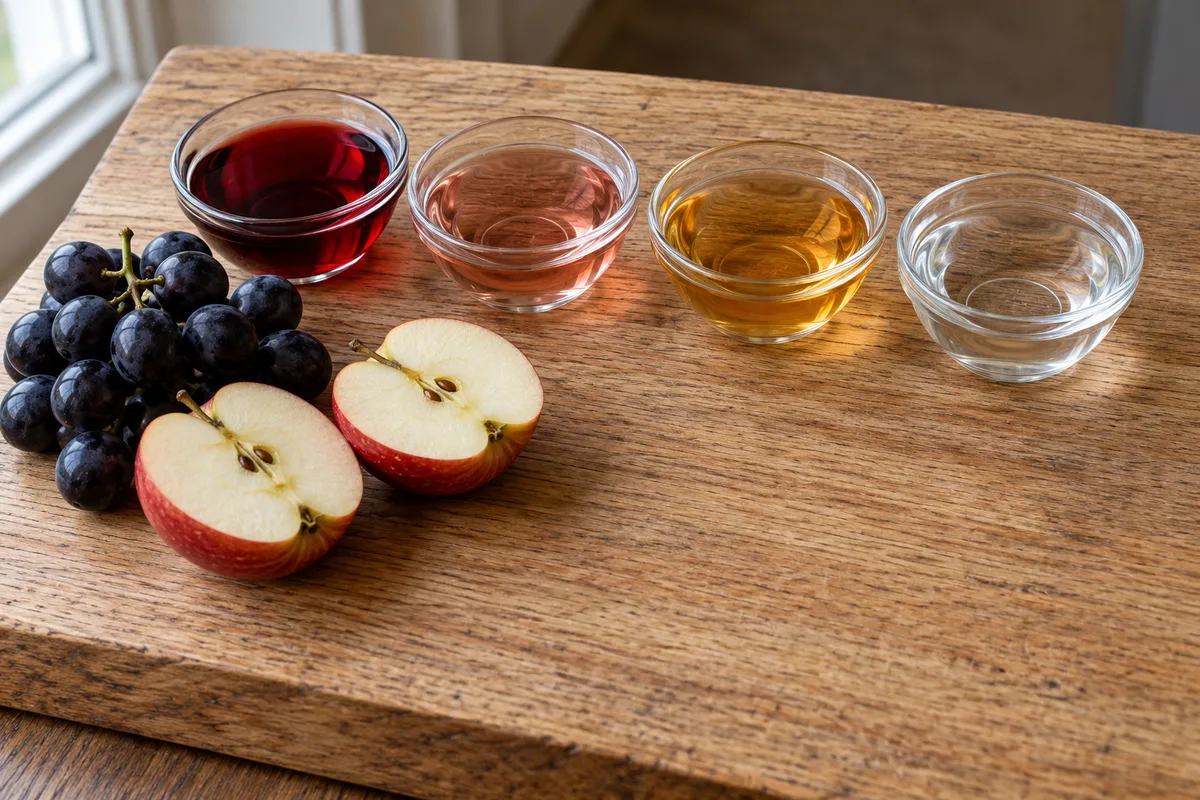 Coupelles en verre de vinaigres rouge, rosé, ambré et incolore pour comparer leurs teintes