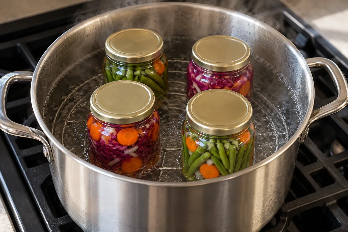 Bocaux de légumes vinaigrés fermés posés sur une grille dans un faitout d&rsquo;eau frémissante