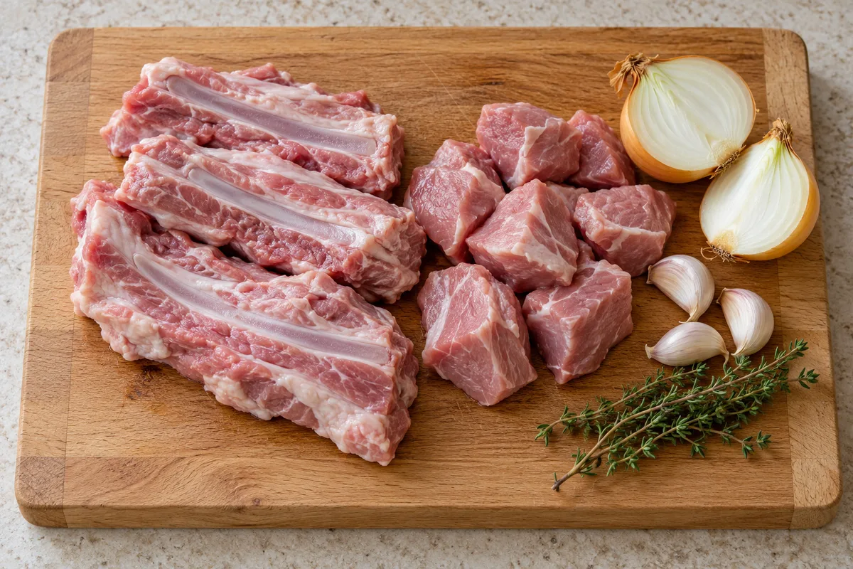 Morceaux de tendron et d&rsquo;épaule de veau crus sur une planche en bois, avec ail, oignon et thym
