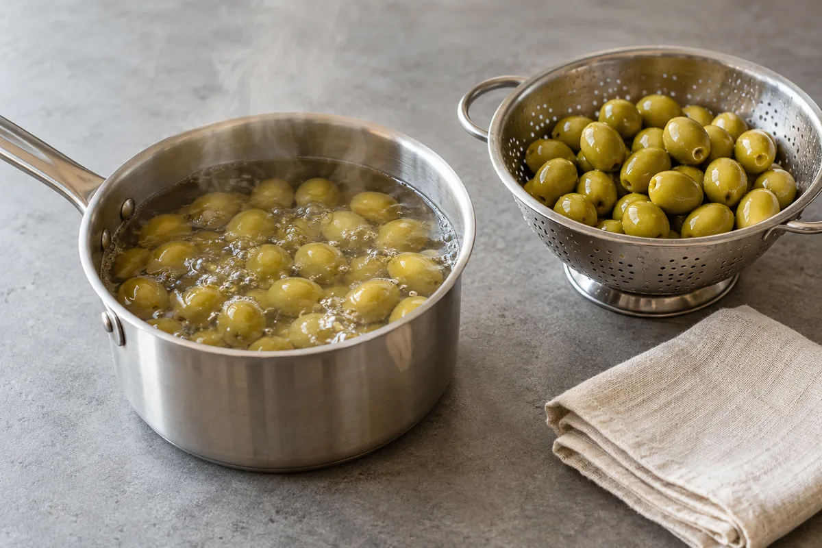 Olives vertes en train de blanchir dans une casserole d&rsquo;eau frémissante, à côté d&rsquo;une passoire