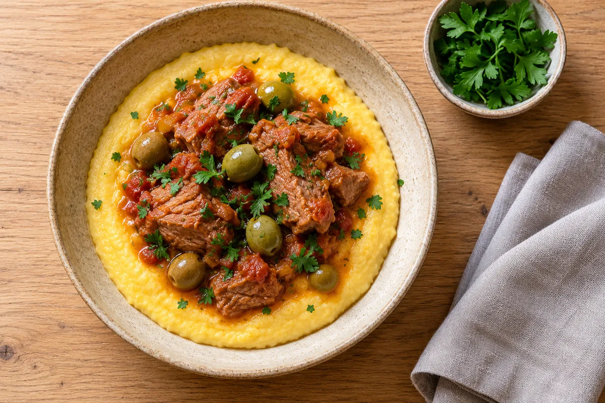 Assiette creuse de polenta crémeuse garnie de veau en sauce tomate et d&rsquo;olives vertes