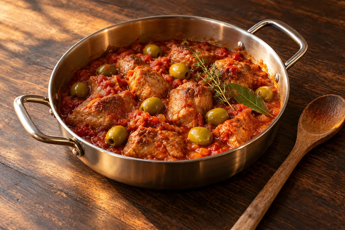 Veau aux olives : sauce, olives vertes et mijotage lent