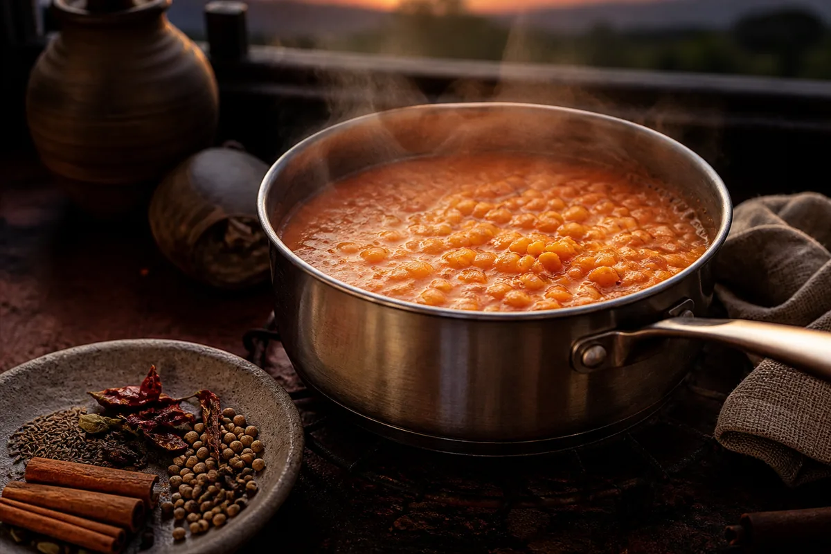 Lentilles corail en cuisson dans une casserole, épices grillées à côté