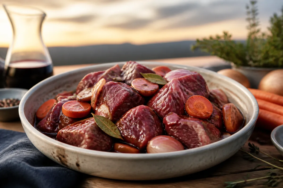 Cubes de bœuf en marinade dans du vin rouge avec carottes, oignons et laurier