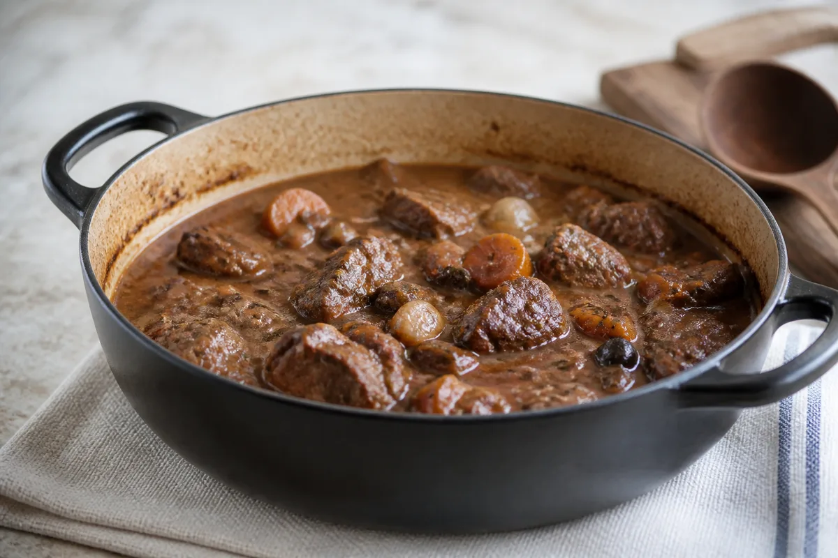 Cocotte de daube niçoise à découvert, sauce épaisse et morceaux de viande fondants