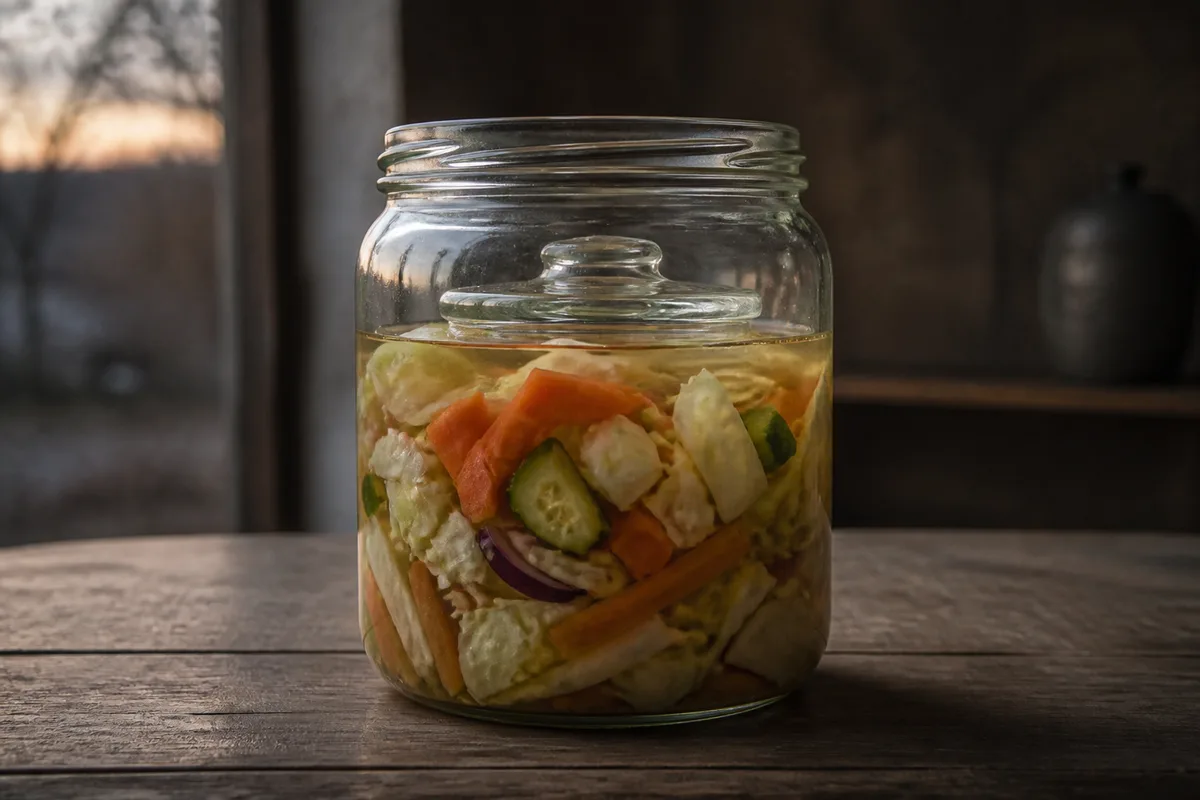 Bocal de légumes en saumure, poids de verre maintenant les morceaux immergés