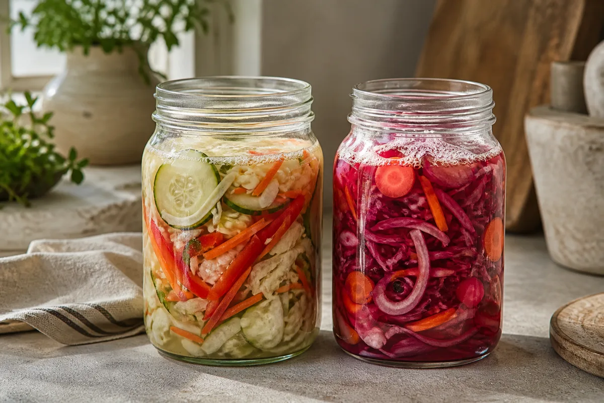 Deux bocaux de légumes lacto-fermentés, saumure trouble et bulles en surface