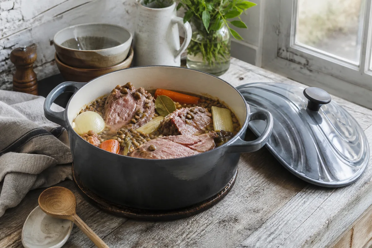 Cocotte de petit salé aux lentilles à découvert, viandes et légumes dans le bouillon