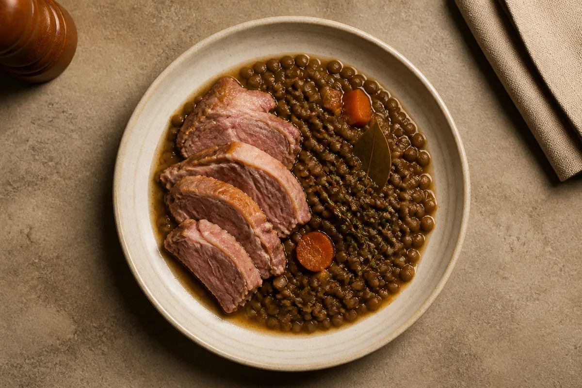 Assiette de petit salé aux lentilles, viande tranchée et lentilles nappées de bouillon