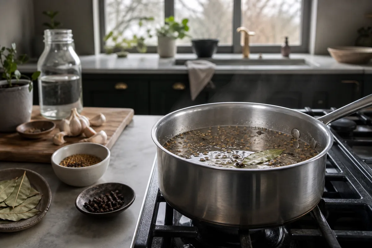 Saumure vinaigrée portée à frémissement avec épices entières dans une casserole