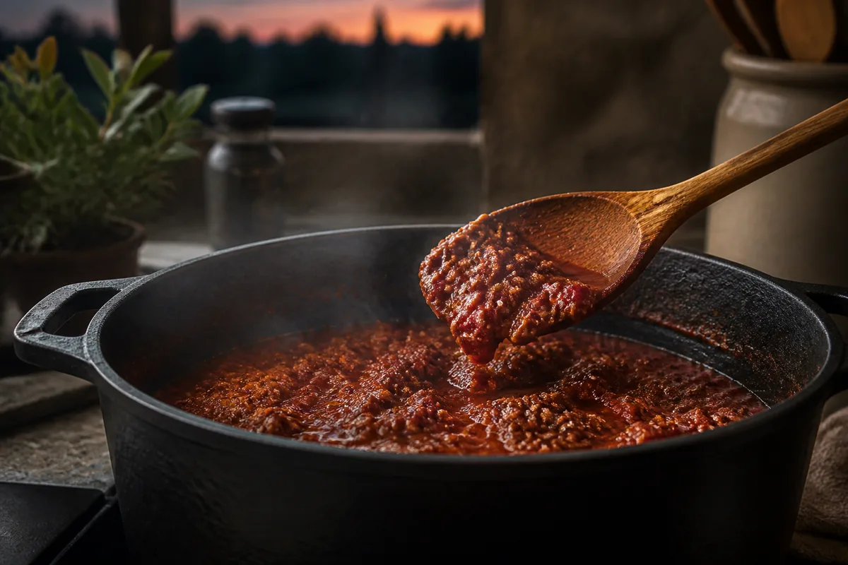 Sauce bolognaise en réduction dans une cocotte en fonte, cuillère en bois relevée