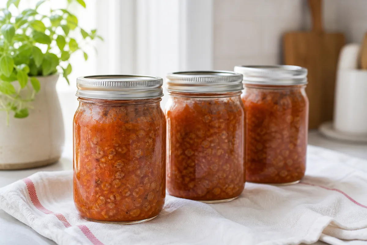 Rangée de bocaux de sauce refroidissant sur un torchon, couvercles vers le haut