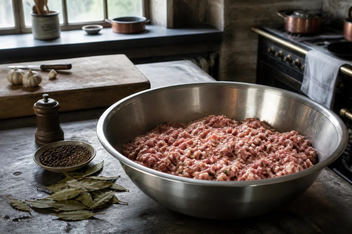 Farce de terrine mélangée dans un cul-de-poule, épices et feuilles de laurier posées à côté