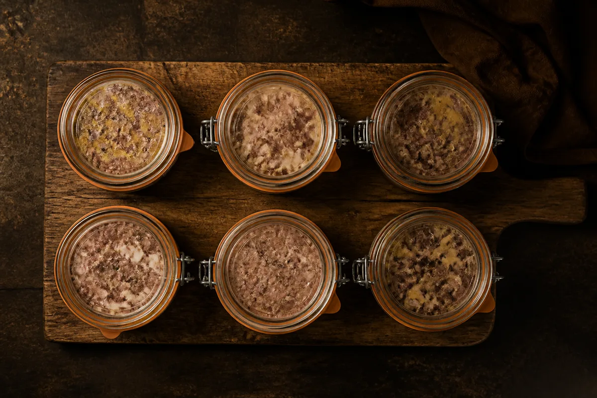 Bocaux de terrine refroidis, alignés sur une planche en bois avec leurs joints